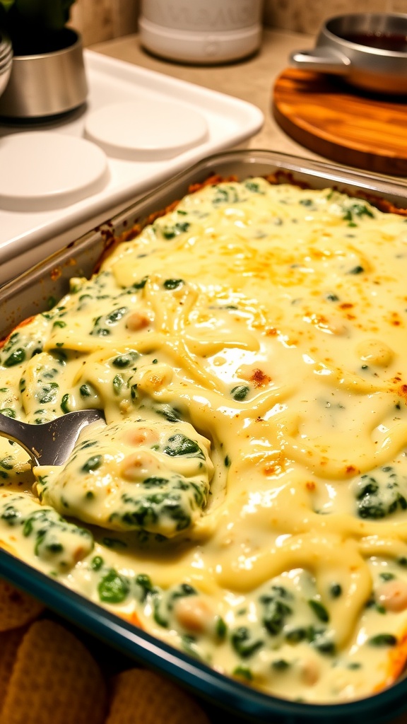 A 9x13 dish filled with creamy spinach and artichoke dip, topped with melted cheese, surrounded by tortilla chips on a rustic table.